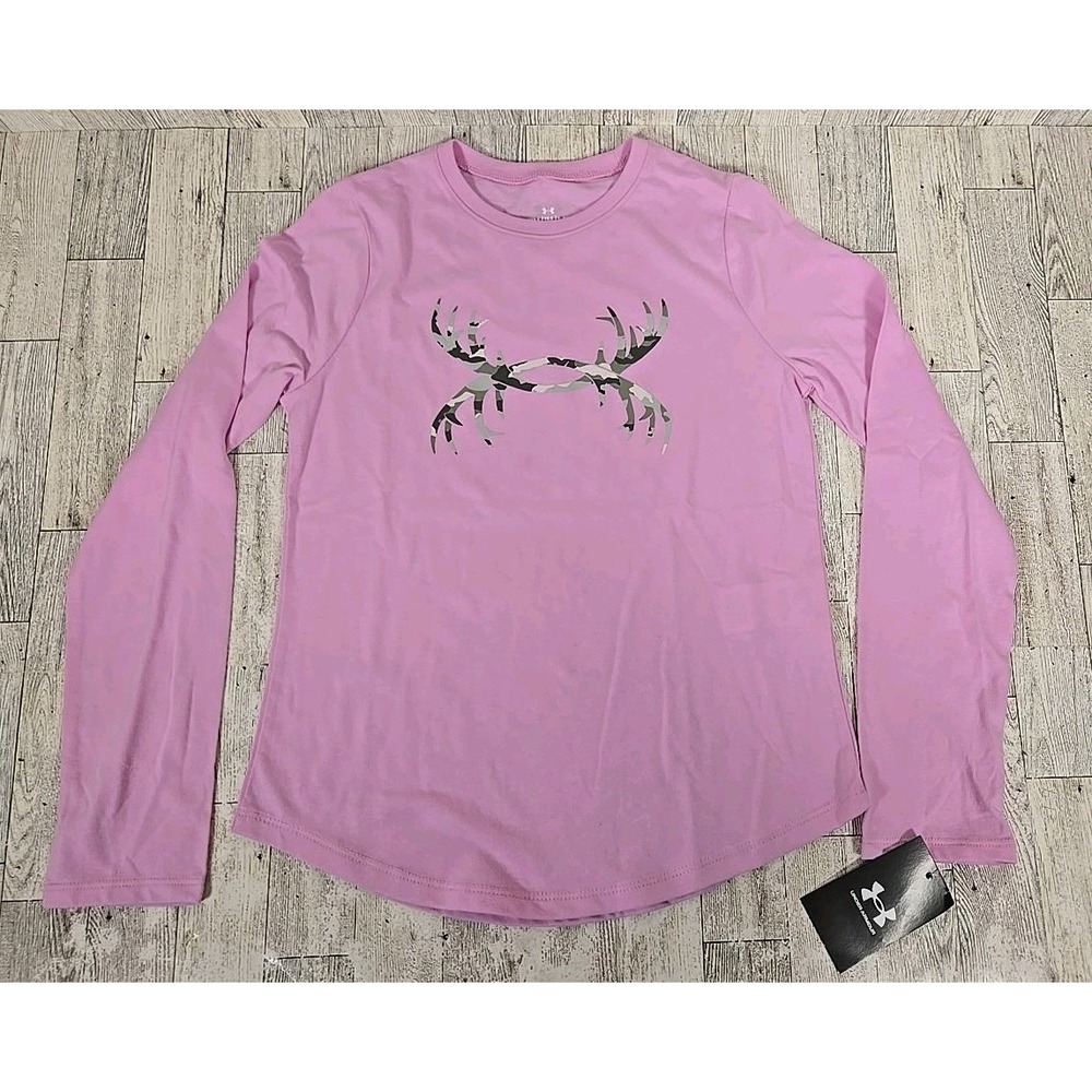 Under Armour Shirt Girls MEDIUM Youth Pink Camo Antlers Shape Logo NEW